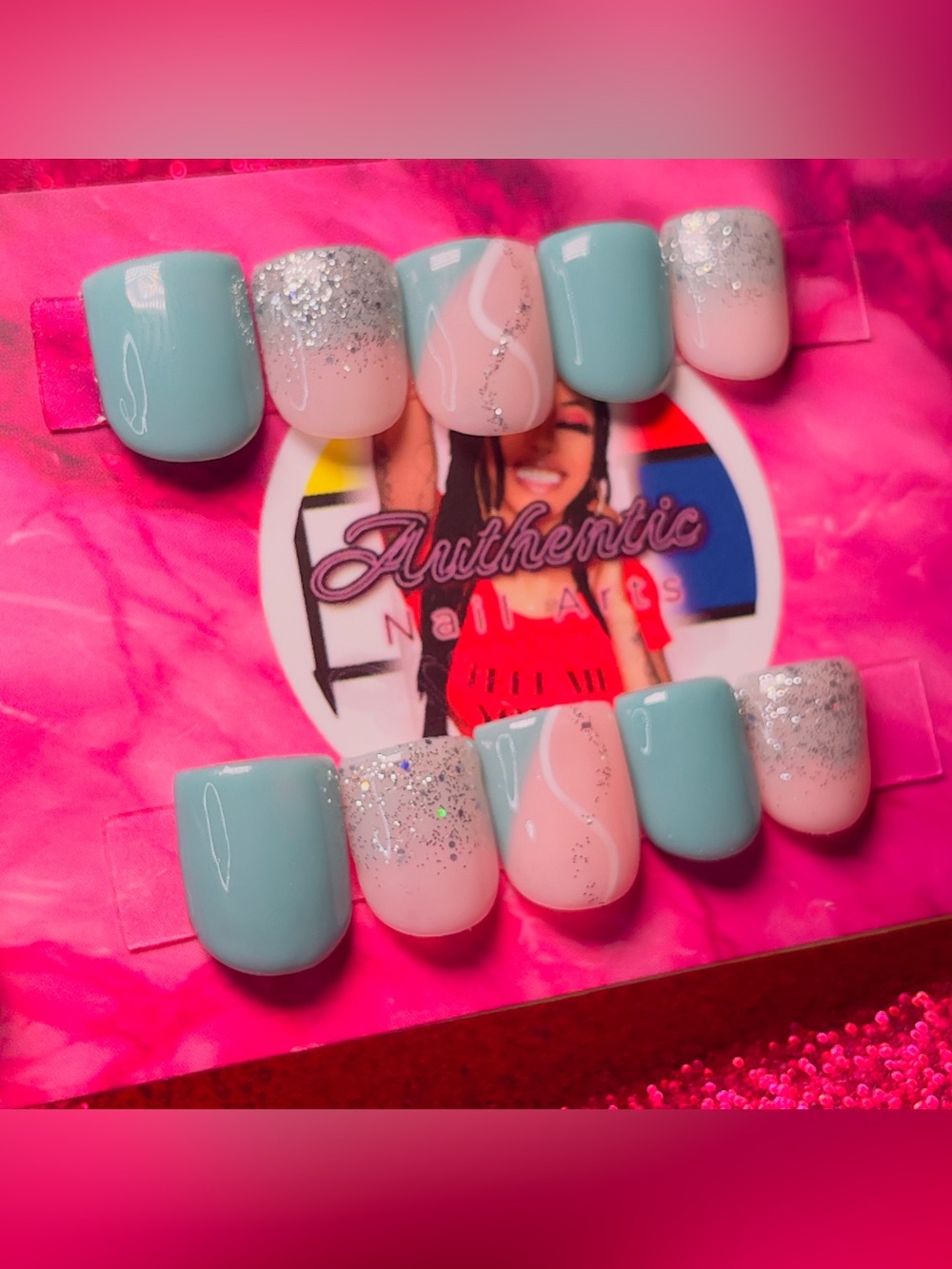 Aqua & Blush Glitter Press-On Nails